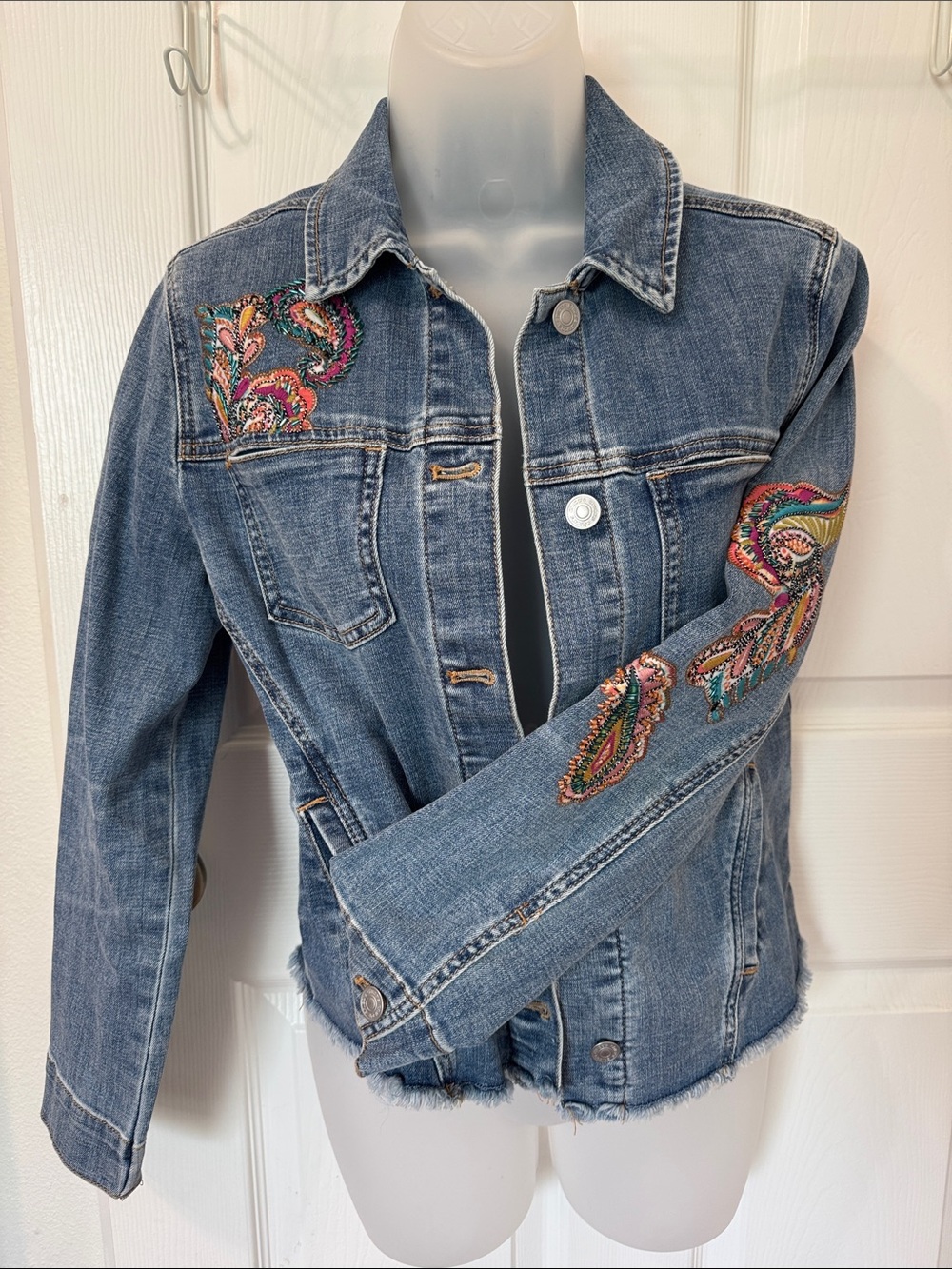 Chico’s Denim Jacket with Colorful Embroidered & Beaded Paisley, worn once